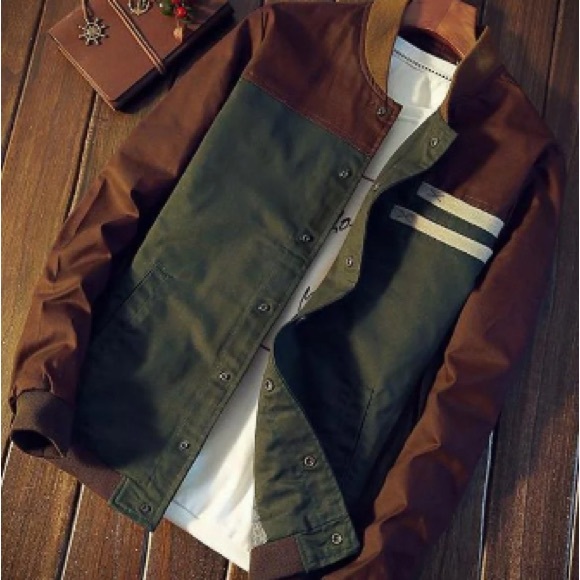 Men's Colorblock Bomber Jacket in Brown and Olive - Picture 5 of 6